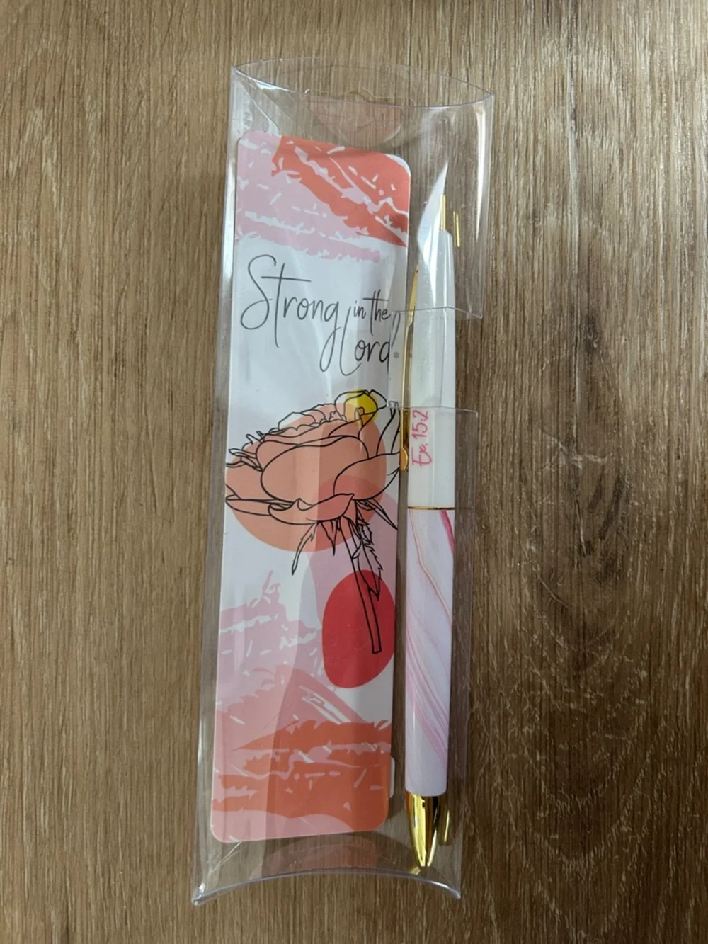 Strong in the Lord Floral Bookmark with Pink & Peach Pen